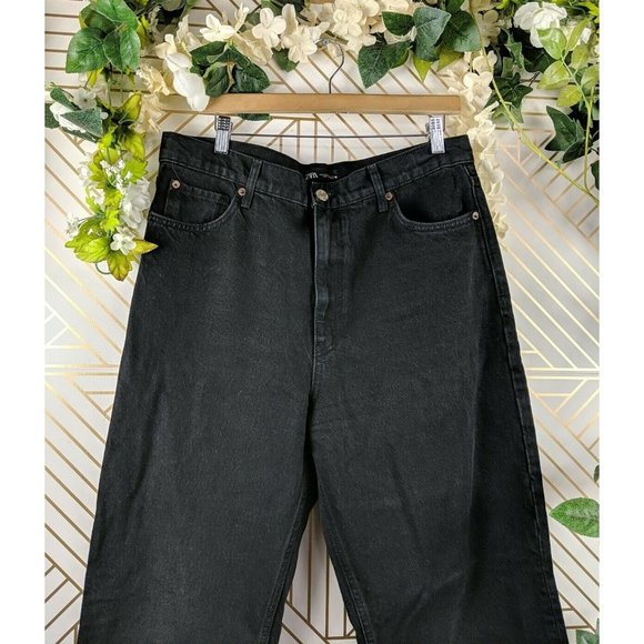 Zara Women's Black Wide Leg Jeans Size 12 zip fly raw hem - Picture 4 of 7